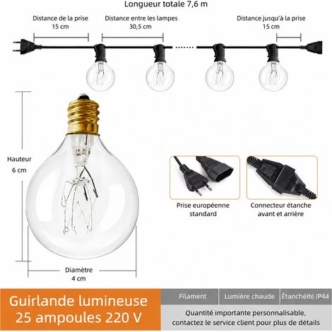 Guirlande lumineuse extérieure G40 7,6 m 25 ampoules tungstène + 2 de rechange 220V étanche IP44 7.6 25 2 25ft 2 kg – Livraison gratuite
