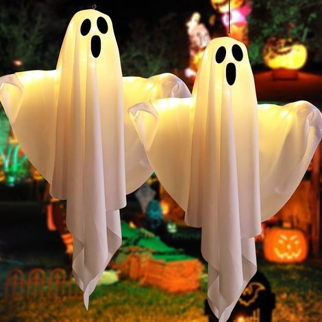 2 décorations d'Halloween fantômes lumineux à suspendre pour l'extérieur, décorations de sac girouette pour l'intérieur/l'extérieur, idéales pour les patios, les arbres, les jardins, cadeaux de fête d (1/5)