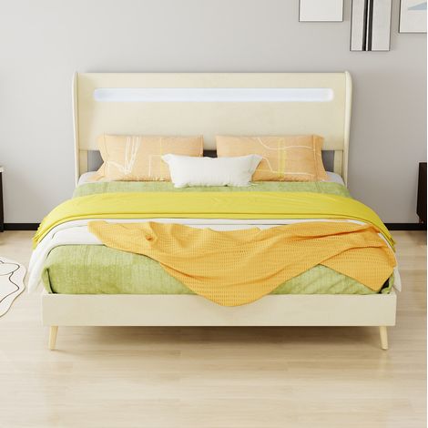Bett aus Stoff und Metall Beige 160x200 cm mit LED-Beleuchtung und verstellbarer Rückenlehne (1/5)