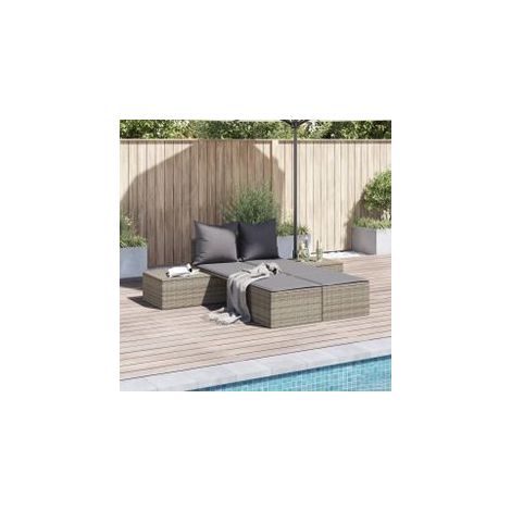 Chaise longue double avec coussins gris résine tressée (1/5)