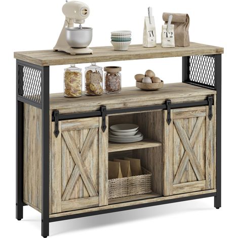 VASAGLE Credenza, Mobile da Cucina, Armadietto Organizzatore, con 2 Ante Scorrevoli, 33 x 100 x 80 cm, Ripiani Regolabili, Stile Country, per Soggiorno, Marrone Turchese e Nero Inchiostro LSC092B60 (1/5)