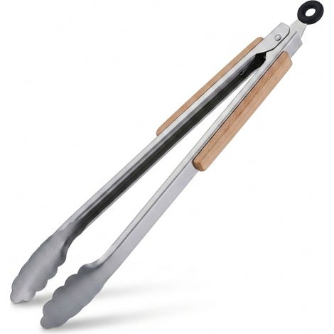 Pince de barbecue, lot de 4, long ustensile pour le grill, 38 cm, poignée en bois, acier inoxydable, argent/nature