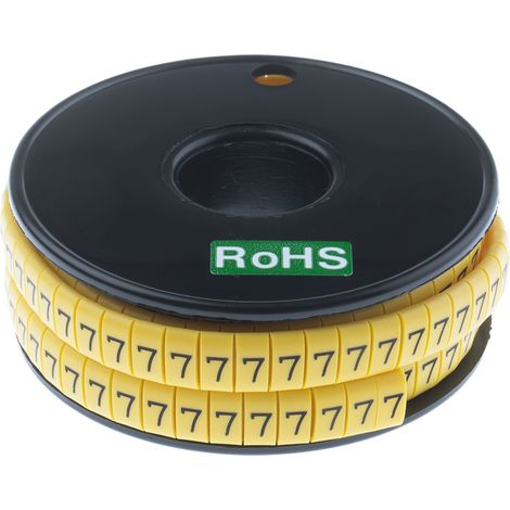 Repère câble , Ø câble 3.5  7mm, texte : 7, Noir sur Jaune ( Prix pour Bobine de 500 )