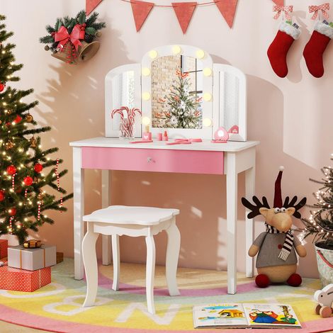Pour les enfants - Coiffeuse avec miroir pour chambre d'enfant, table de maquillage et bureau blanc (1/5)