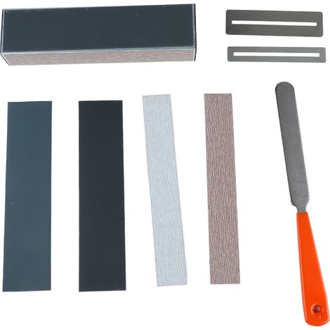 Kit d'outils pour luthier de guitare : 2 protections de touche, 1 règle de nivellement des frettes, 1 lime, 4 feuilles de papier de verre (1/5)
