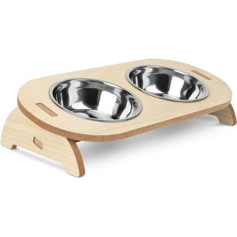 Comederos elevados para gatos, comederos inclinados a 15° con soporte inclinado, 2 cuencos de agua y comida de acero inoxidable con soporte de madera para gatos y cachorros (1/5)