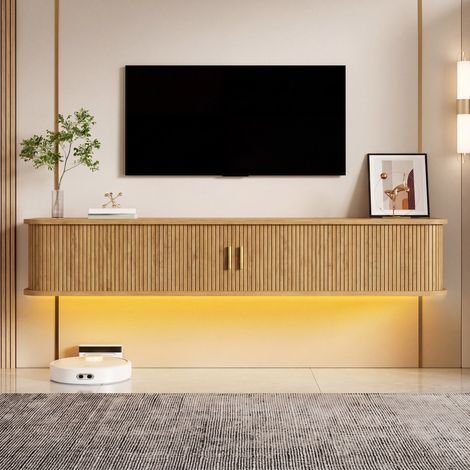Meuble TV Suspendu 175 cm avec Éclairage LED Connecté par Application - Portes Cannelées en Bois, Design Flottant Moderne - Meuble Télé Naturel (1/4)