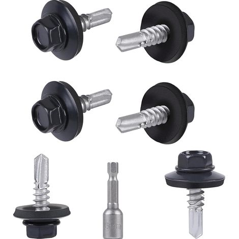 Lot de 150 vis de toiture en métal 4,8x19 mm Tête de rondelle hexagonale peinte vis en tôle avec rondelles EPDM et clé à douille M8 Vis Autoperceuse pour metal pour plus fixation Gris RAL 7016 (1/5)