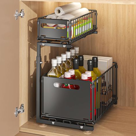 1 Étagère Coulissante Métal, Rangement Sous Évier, Acier Carbone Noir, Pour Cuisine Salle De Bain