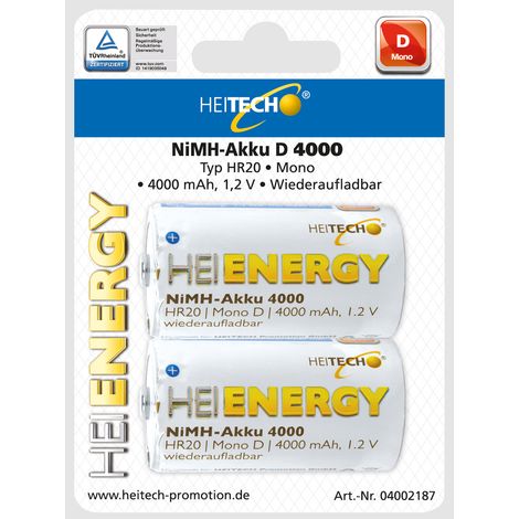 HEITECH Akku Mono D 4000 mAh 1,2V NiMH 2 Stück - Wiederaufladbare Batterien mit geringer Selbstentladung - Akkus für Geräte mit hohem Stromverbrauch 04002187