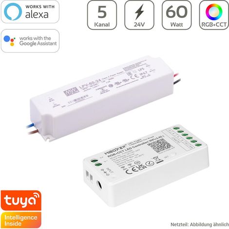RGB+CCT Dimmer-Set 60W MiBoxer RGB+CCT WIFI LED Controller 5 Kanal + Mean Well LPV-60-24 Netzteil 60W 24V 2.5A IP67 (1/3)
