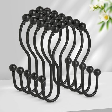Crochet Pour Rideau De Douche - En Fer Électroplaqué Noir - À Double Crochet Avec Rouleaux Glissants - Résistant À La Rouille - Lot De 12 Pièces (1/5)
