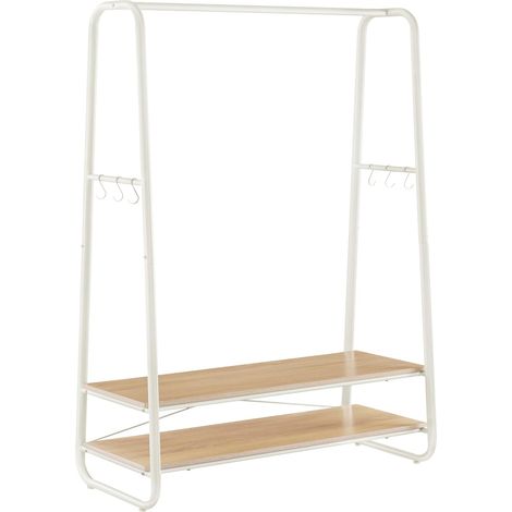 Portant à Vêtement, Porte-Manteaux, Armoire, Vestiaire, avec 2 Étagères, 6 Crochets en Forme de S, Cadre en Acier, pour Chambre, Couleur Chêne et Blanc Crème (1/5)