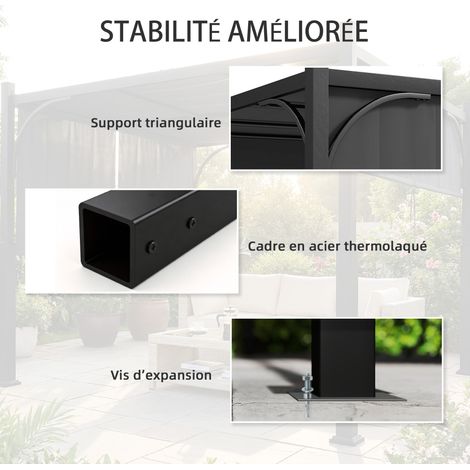 Pergola de jardin 3 x 3 m tonnelle de jardin avec Auvent coulissant, structure métallique, pour extérieur, Gris Foncé (1/5)