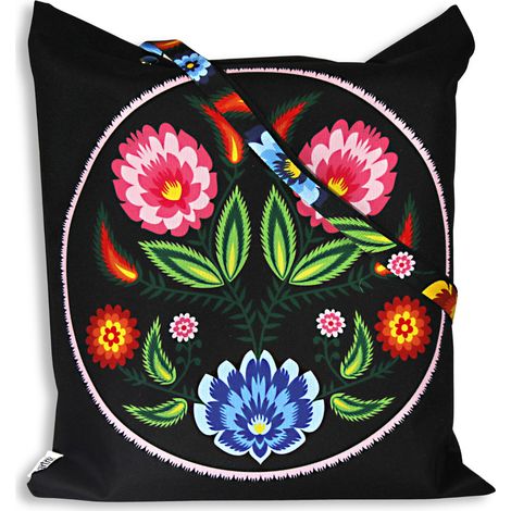 Borsa folk di Łowicz, impregnata di fiori rosa, ritagliata, nera (1/5)