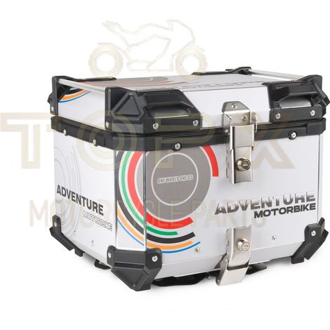 Maleta superior de aluminio para motocicleta + placa de 45 L con gráficos de chapa plateada (1/5)