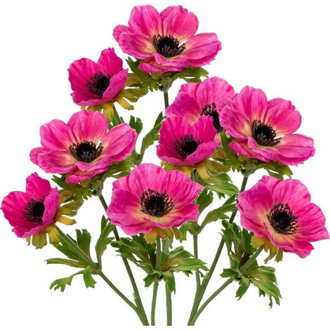 Anémone artificielle en spray de 55 cm avec 3 fleurs, 3 fleurs en soie rose vif pour la maison, le bureau, la décoration intérieure – Grandes anémones (1/5)
