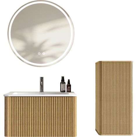 Mueble de baño 80 cm con lavabo, espejo LED redondo y columna color roble HOMVRA (1/4)