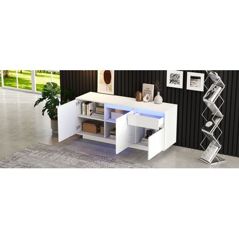 Armoire de côté de 140×40×60 cm. Comprenant 3 compartiments. Commode équipée d’un éclairage LED. Armoire de côté avec 1 tiroir. Les compartiments sont dotés de paniers amovibles.Matériau : MDF, couleu (1/5)
