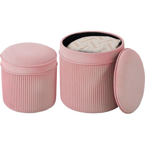 Set mit 2 stapelbaren, runden Samt-Poufs mit 34,8 l Stauraum, Rosa