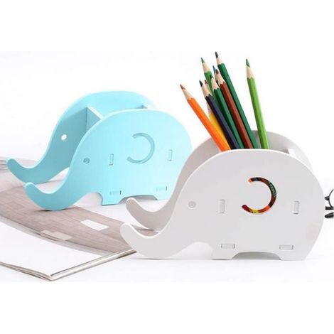 MARSEE Ensemble de 2 porte-crayons éléphant téléphone tablette bureau stylo, organisateur de décoration de bureau-bleu + blanc (1/4)