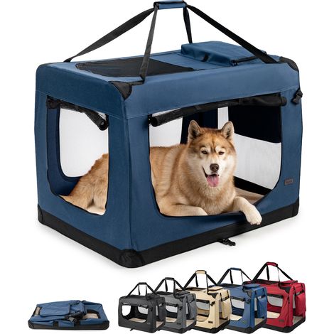 lionto Hundetransportbox faltbar, stabile Stoffbox mit Mesh-Einsätzen, ideal für Auto, Reise & Tierarzt, 101x69x70 cm, dunkelblau