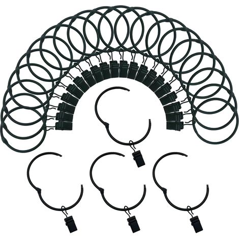 Lot de 24 Anneaux de Rideaux ouvrables avec Clips en métal antirouille, Style Vintage, 5 cm de diamètre intérieur, Noir (1/4)