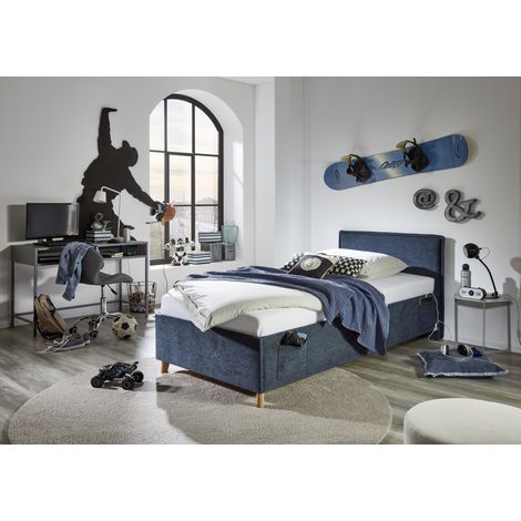 Meise Möbel Kinderbett FUN 90x200 cm  Bettgestell  Kopfteil glatt  Webstoff Dunkelblau  Holzfuß eichefarbig (1/5)