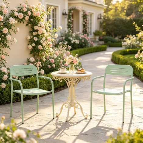 Lot de 2 chaises de jardin 56x58x78 cm en métal vert, empilables, gain de place – MEUBLIV (1/5)