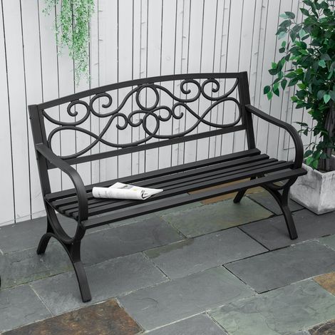 Outsunny Banc de jardin 2 places banquette extérieur terrasse patio dossier incliné assise à lattes accoudoirs confortables châssis acier fonte 128 x 58.5 x 85 cm noir