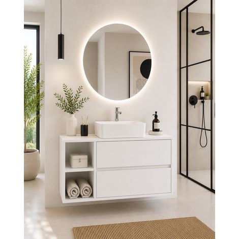 Mueble de baño con encimera de madera y lavabo sobreencimera ORIGENBATH ZEUS sin espejo 120x45 cm 1 seno izquierda Blanco