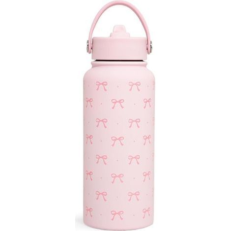 Rosa Wasserflasche mit Rosette, 1 l (32 oz), isolierte Edelstahlflasche mit Strohhalm (1/5)
