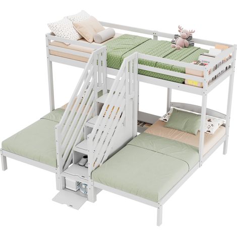 Lit superposé triple 90 x 200 cm, avec échelle de rangement et tiroirs, barrières de sécurité, pin et MDF, blanc CHICFURN (1/5)