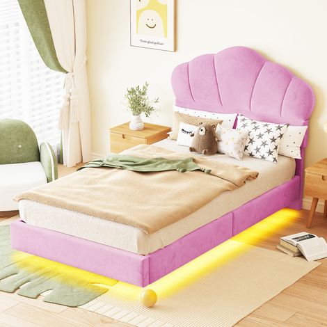 Lit capitonné enfant 90 x 200 cm en velours rose, tête de lit nuage avec bande LED intégrée, pieds dissimulés, sans matelas — idéal pour chambre de garçon ou de fille, lit jeune et moderne (1/5)