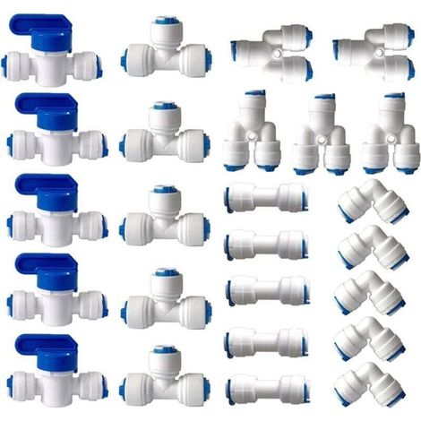 Raccord Osmoseur de filtre à eau, Raccord Droit 1/4" (6MM) Pushfit pour Tuyau de Filtre à Eau, Raccords pour Réfrigérateur Tubes de (Robinet Combiné de Type Y + T + I + L + Robinet d'Arrêt)25 pièces