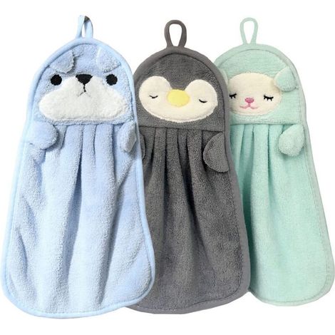 Set di 3 strofinacci da cucina per bambini – con simpatici disegni di animali e anello per appenderli, in morbido cotone assorbente.