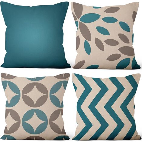 Lot de 4 45x45cm Housses de Coussin, Lot de 4 Lignes Bleues Cyan Modernes Taie d'oreiller Carré Lin Housse de Coussin avec Fermeture éclair Invisible pour Sofa Auto Extérieur Jardin Lit Canapé Maison (1/5)
