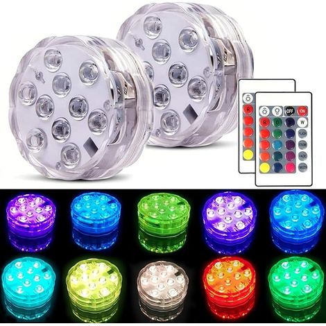 Luz subacuática con control remoto - Iluminación de piscina multicolor LED RGB, 2 piezas Luces mágicas LED que cambian de color a prueba de agua para piscina, jarrón, spa, acuario, estanque, boda (2 p (1/5)