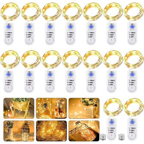 Battery Operated LED String Lights, 2M 20 LED Micro Battery Operated Copper Wire String Lights Warm White Christmas Lighting for Bedroom, Indoor, Christmas, Outdoor, Party, Wedding, DIY (16, Warm (1/5)