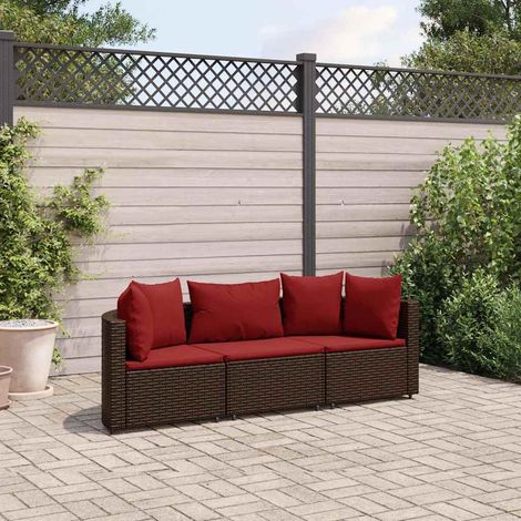 Set sofás de jardín 3 piezas y cojines ratán sintético marrón