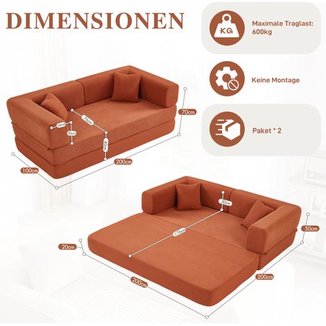 Klappbares Boden-Schlafsofa aus orangefarbenem Cord, 200 x 100 x 70 cm – MEUBLIV (1/5)