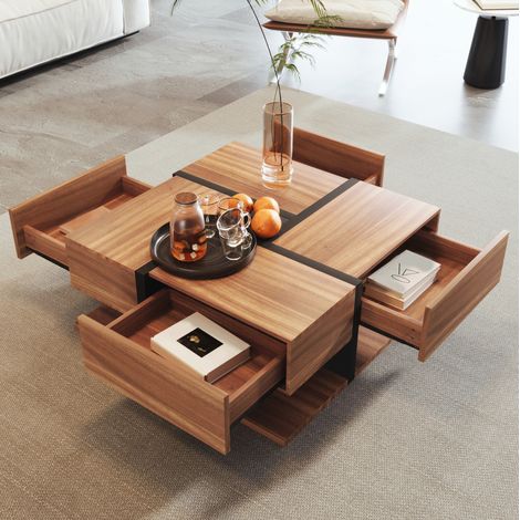 Tavolino da caffè 78x78x36 cm nero e legno naturale in truciolare con 4 cassetti e ripiano inferiore (1/5)