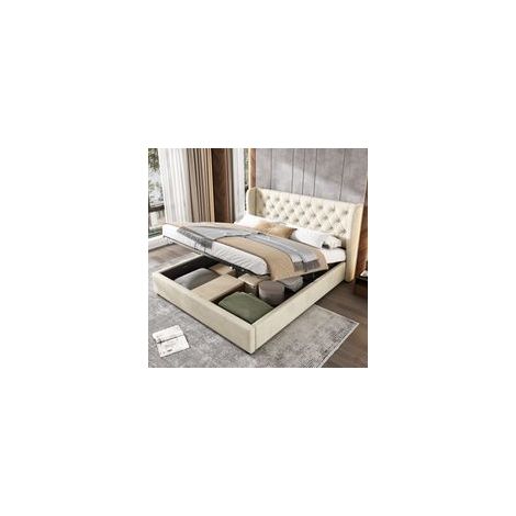Lit coffre 140x200 cm Lit capitonné beige en velours Sommier à lattes inclus Mécanisme hydraulique pour rangement pratique (1/5)
