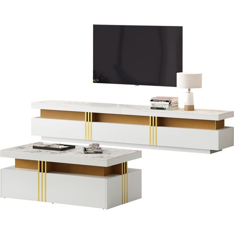 Set de salón blanco con mesa de centro y mueble TV, diseño moderno efecto mármol (1/5)