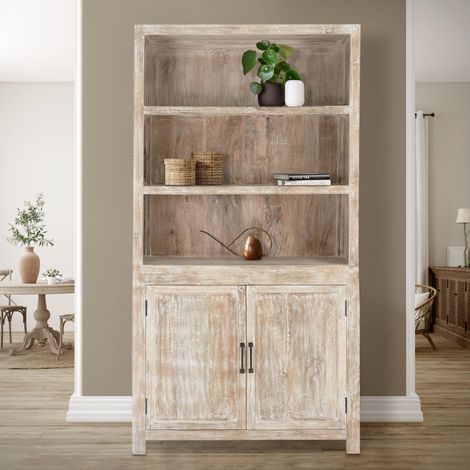 WOMO-DESIGN Armoire Polyvalente Turin Shabby Chic 110x210x45 cm, en Bois de Manguier, Naturel et Blanc, avec 2 Portes, 3 Compartiments Ouverts, Vintage, Unique, Fait à Main, Meuble de Rangement (1/5)