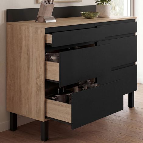 Aparador bajo de cocina con doble compartimento para ollas, 120 cm, modelo CLAUDE, encimera de 83 cm de altura, 6 cajones en mad (1/5)