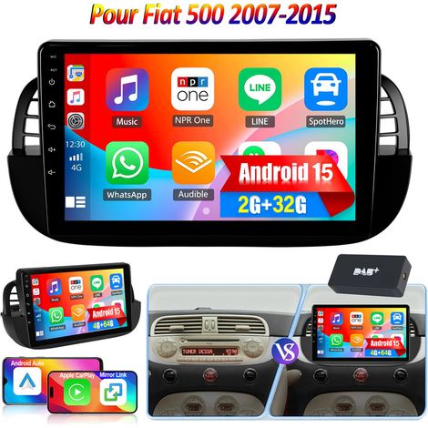 Apple CarPlay pour Fiat 500 (2007-2015) - Autoradio 9" 32/64 Go Android 15 avec GPS et Wi-Fi - 2+32G DAB+
