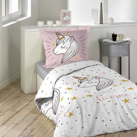 Parure de lit 2 pièces en coton avec imprimé licorne Lilirose - Rose et Blanc - 140 x 200 cm - Livraison gratuite (1/5)