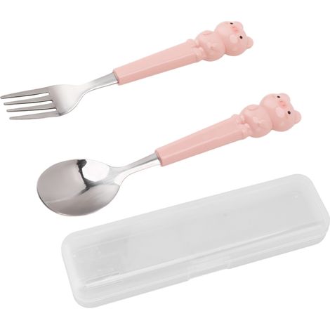 2 pièces cuillère et fourchette en acier inoxydable, set de couverts mignon dessin animé cochon rose, vaisselle incurvée pour enfant (1/5)