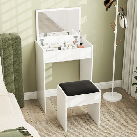 Poste de maquillage avec miroir rabattable, coiffeuse moderne, avec tabouret, compartiment de rangement à 10 compartiments, MDF blanc, 60.2 x 40.2 x 79 cm